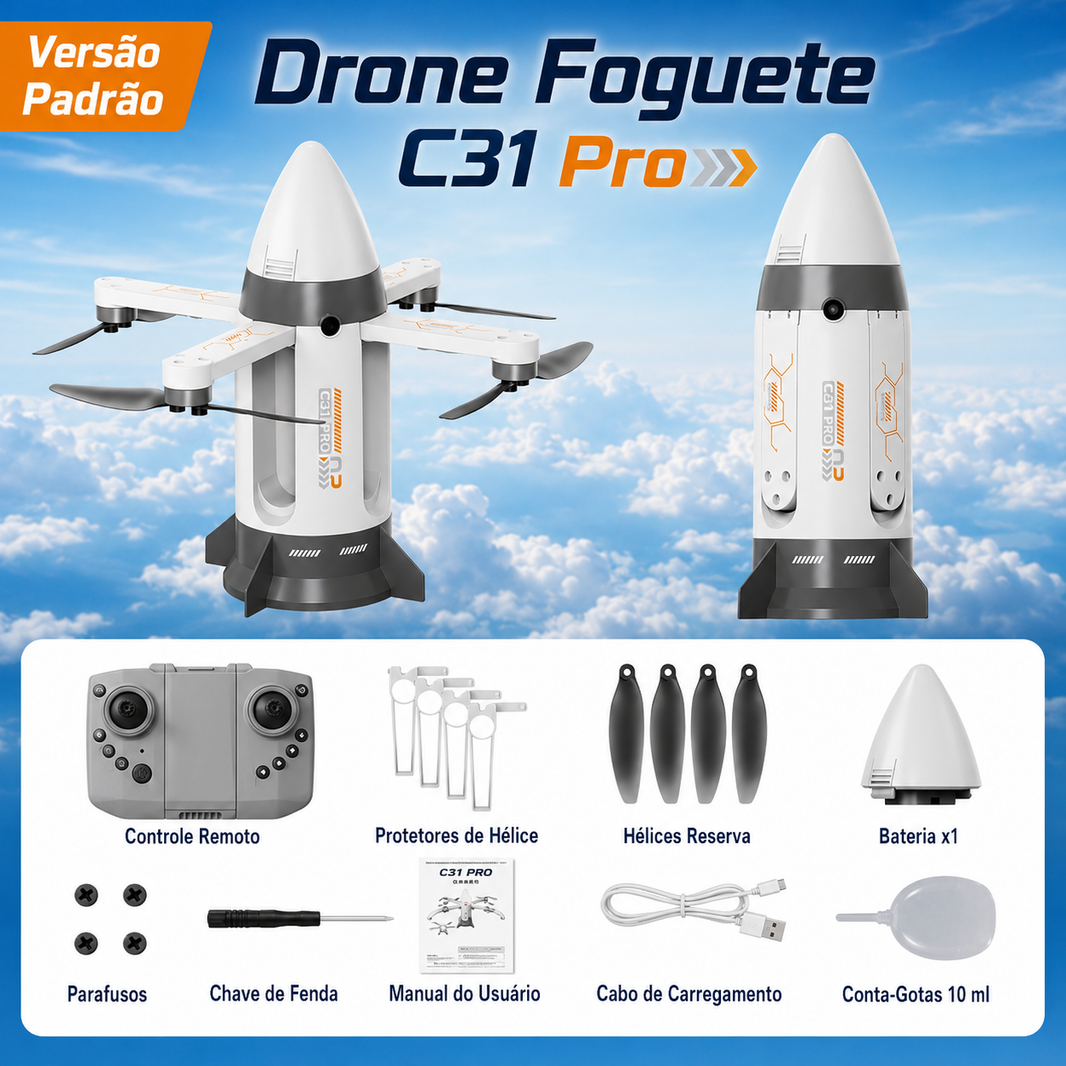 Drone Foguete C31 Pro | Câmera, Efeito de Fumaça e Luz